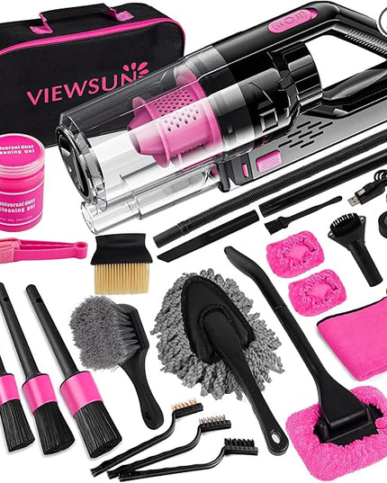 Viewsun Car Vacuum Cordless Rechargeable, 8000PA High Power Handheld Vacuum Cleaner with 17PCS Car Cleaning Kit, Pink Auto Accessories for Women Gift
