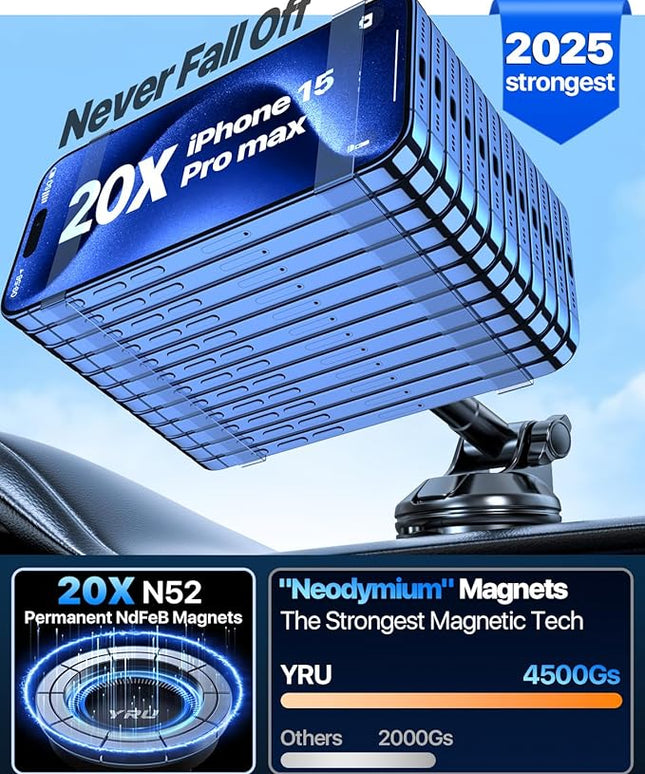 YRU Upgraded Magnetic Phone Holder for Car【Patented & Super Magnet】 for MagSafe Car Mount Dashboard Magnet Phone Holder Windshield Phone Stand for iPhone 17 16 15 14 13 12 Pro Max Samsung, Black