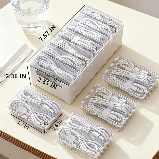 Cable Organizer Storage Box with 7 Wire Ties and Label Stickers,Desktop Cable Management Box with Switch, Power Cord Organizer for Office,Home,Desk Accessories Storage Stationery Supplies（Clear）