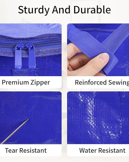 12 Pack-Extra Large Heavy Duty Moving Bags - Waterproof Storage Totes with Handles & Zippers, Foldable for College Dorm, Storage (Blue)