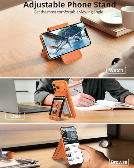ExtreLife For Magsafe Wallet Stand with Airtag Holder, Strongest Magnetic Wallet for iPhone 17/16/15/14/13/12 Series, ID Window, 4 Card Slots, 10 Cards Holder, Vegan Leather, RFID Blocking, Orange