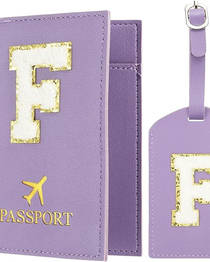 PATIKIL Passport Holder for Travel, Initial Passport Cover and Luggage Tag Set with Alphabet Chenille Letter Patch Travel Wallet Bag Suitcase Identifier for Women Family Travel Purple F