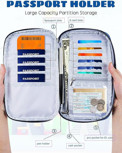 Family Passport Holder，Rfid Women Travel Wallets, Waterproof Men Passport bags Travel Document Organizer (Dark Blue)