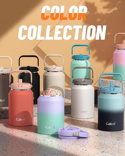 Half Gallon Insulated Water Bottle with Flip Straw, Vacuum Insulated Stainless Steel Jug with Top Handle, Leak-Proof Lid, Sweat-Free, Wide Mouth, Keeps Ice Cold up to 34 Hours