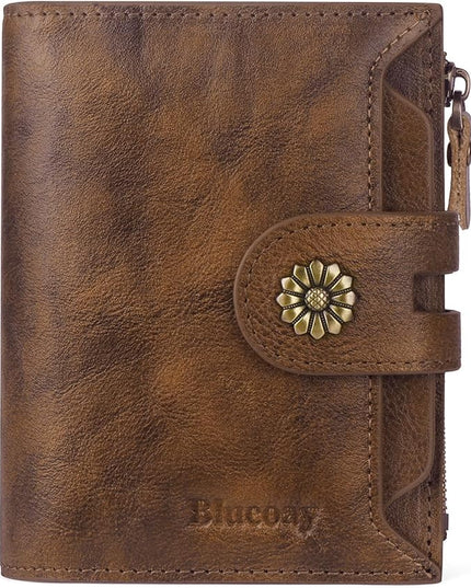 Blucoay Wallet Women,RFID Blocking Leather Womens Wallet Bifold Compact Card Holder Small Wallet for Women with Removable ID Window Darkbrown