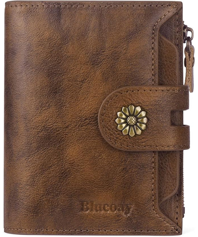 Blucoay Wallet Women,RFID Blocking Leather Womens Wallet Bifold Compact Card Holder Small Wallet for Women with Removable ID Window Darkbrown