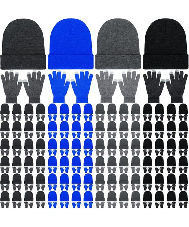 Suhine Bulk Winter Hats and Gloves Set Warm Beanie Gloves Pack Homeless Supplies for Cold Weather Charity