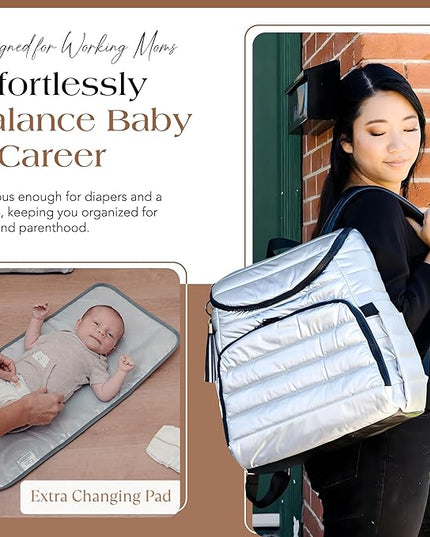 Citi Collective Gallery Diaper Bag Backpack - Casual Day-to-Day Backpack Fits 15" Laptop - Travel Bag with Multiple Compartments, Pockets, Portable Changing Pad, and Shoulder Strap-Silver