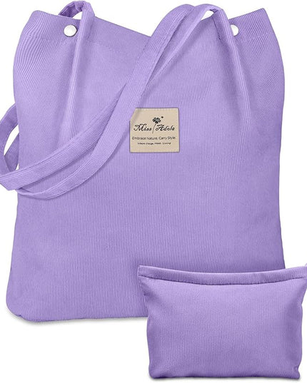 Aesthetic 2 Pack Corduroy Tote Bag - with Makeup Pouch Bag for Women Reusable Grocery Bag for Gym, Travel, Work
