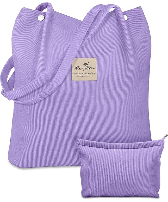 Aesthetic 2 Pack Corduroy Tote Bag - with Makeup Pouch Bag for Women Reusable Grocery Bag for Gym, Travel, Work