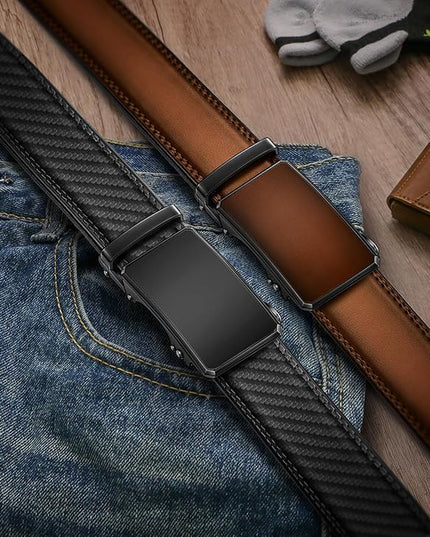 KEMISANT Men Belt 2 Pack, Leather Ratchet Belt Easy Click Slide For Men 1 3/8",Cut for Fit
