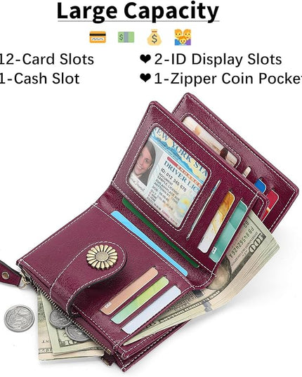 SENDEFN Small Womens Wallet Leather Bifold Card Holder RFID Blocking with Zipper Coin Pocket