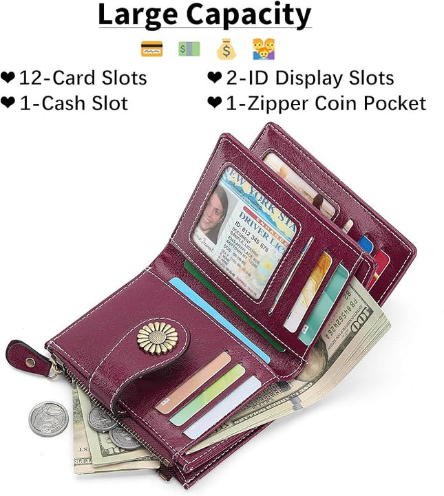 SENDEFN Small Womens Wallet Leather Bifold Card Holder RFID Blocking with Zipper Coin Pocket