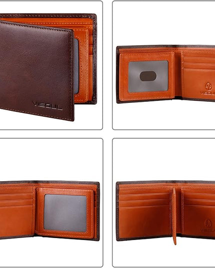 VISOUL Men's Leather RFID Blocking Wallet Extra Capacity, Bifold Security Wallet for men with 2 ID Windows 8 Card Slots 2 Cash Compartments (Coffee and Dark Orange)