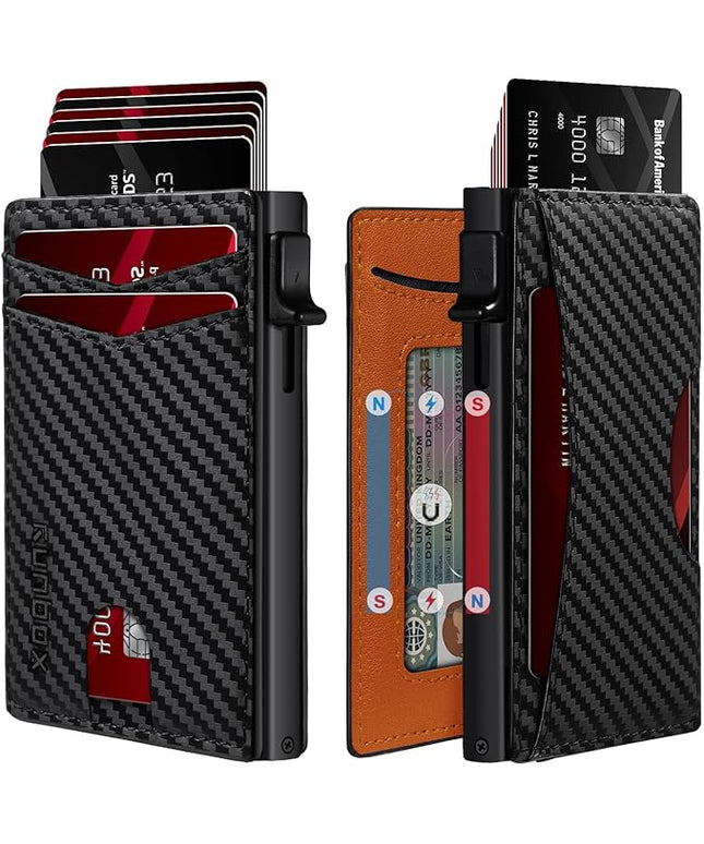 RUNBOX Slim Card Wallet for Men with ID Window – Minimalist RFID Wallet, Pop-Up Function, Ultra Thin Design, Metal Business Card Case Holds 8+ Cards, Gifts for Men, Men's Accessories