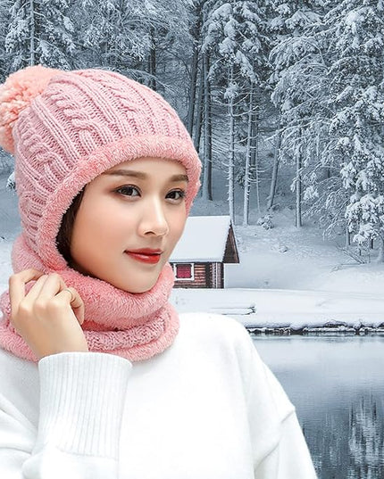 HUAMULAN Women Winter Beanie Hats One Piece Fleece Lined Knit Balaclavas Mask Set Skull Neck Circle Scarf Ski Snow Hat Pompom