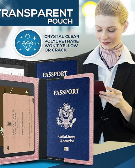 Ciana Passport Holder for Travel – PU Leather Passport Cover and Card Holder for Men & Women – Slim Passport Holder with Card Protector Slot, Travel Must Haves (Black & Pink)