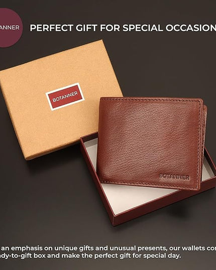 BOTANNER Mens Leather Bifold Wallet RFID Blocking, 8 Credit Card Slots, 2 Sections for Notes & 2 Additional Slots | Choco