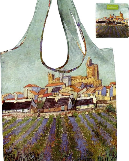 BeeGreen Oil Painting Flower Tote Bag - Large Reusable Grocery Bag, Polyester Grocery Bags Gifts for Women,Foldable, Washable, Packable with Handles & Pouch for Shopping, Beach, Work, Summer