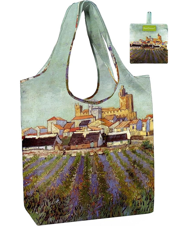 BeeGreen Oil Painting Flower Tote Bag - Large Reusable Grocery Bag, Polyester Grocery Bags Gifts for Women,Foldable, Washable, Packable with Handles & Pouch for Shopping, Beach, Work, Summer