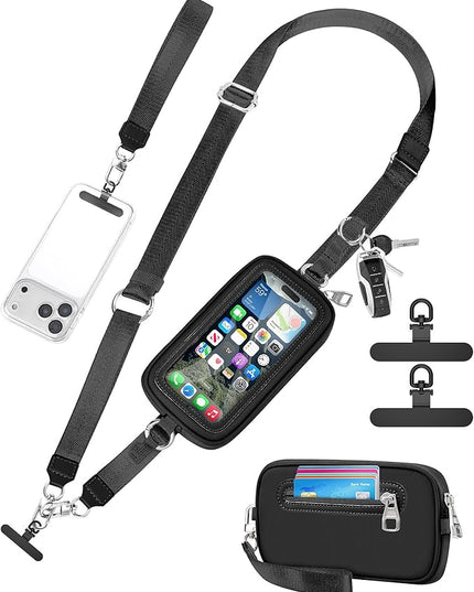 Clip and Go Strap for Phone with Wallet Crossbody, Adjustable Neck Lanyard, Detachable Wristlet Wallet with Zipper Phone Screen ID Window, 2x Tether Tabs Compatibe for iPhone & Most Cellphones Black