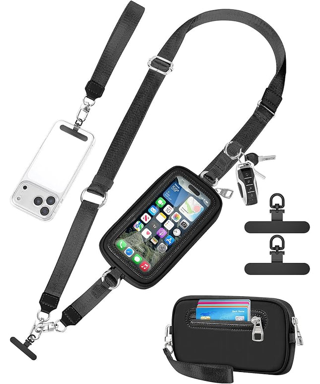 Clip and Go Strap for Phone with Wallet Crossbody, Adjustable Neck Lanyard, Detachable Wristlet Wallet with Zipper Phone Screen ID Window, 2x Tether Tabs Compatibe for iPhone & Most Cellphones Black