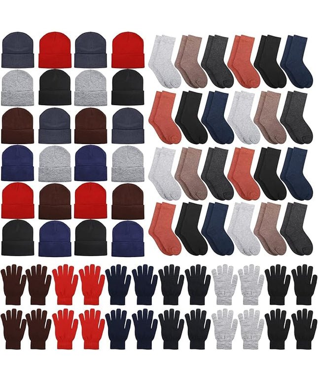 Hillban Winter Beanie Hat Gloves Set with Warm Socks Bulk, Homeless Knitted Beanie Cap Thick Thermal Winter Gloves Socks Pack