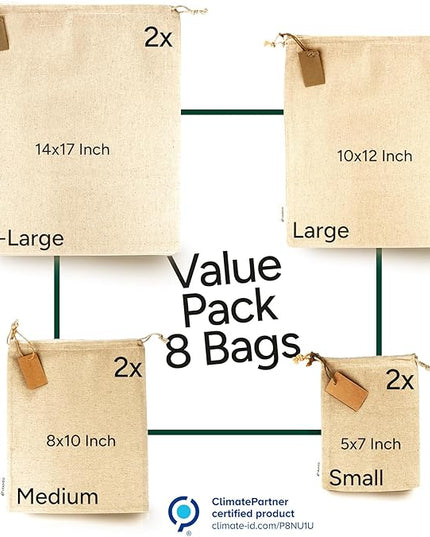 LEAFICO Muslin Cloth Bags with Drawstrings - Set of 8 (S, M, L, XL) - Reusable Natural Cotton Bags for Bulk Food Storage - Canvas Fabric Sachets