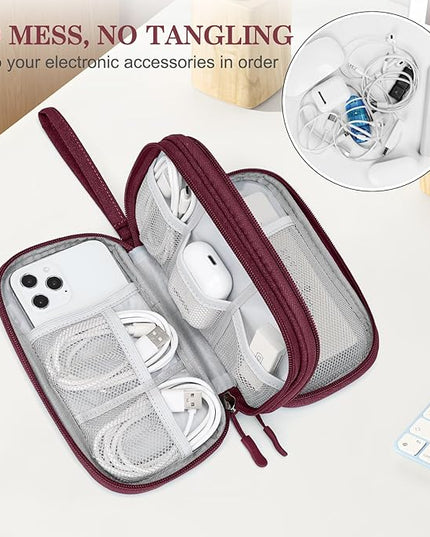 FYY Electronic Organizer, Travel Cable Organizer Bag Pouch Electronic Accessories Carry Case Portable Waterproof Double Layers All-in-One Storage Bag for Cable, Cord, Charger, Phone, Earphone Wine Red