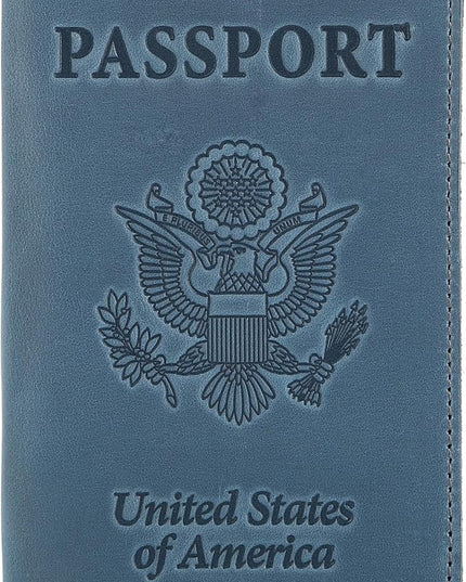 Shvigel US Leather Passport Book Cover - Thin American Travel Passport Holder - Premium International USA Passport Protector Case for Women Men (Light Blue Vintage)
