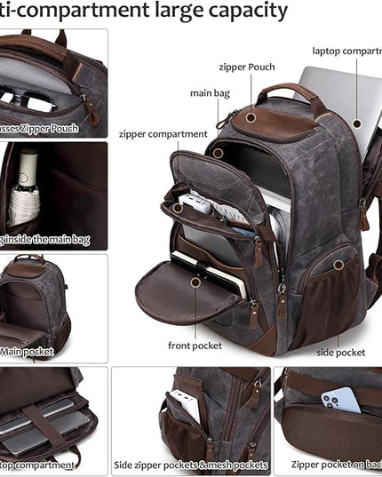 Travel Laptop Backpack 17.3 inch XL Computer Backpack for Men Waxed Canvas College Daypack Business Backpack Black Gray