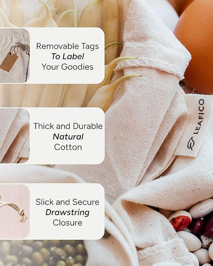 LEAFICO Organic Cotton Produce Bags - Medium 8x10 Inch (12 Bags) - Reusable Muslin Storage Bags with Drawstrings - Biodegradable Canvas Fabric - Perfect for Snacks, Clothes