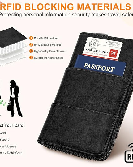 Family Passport Holder Wallet with Zipper, RFID Blocking Travel Document Organizer, PU Leather Passport Wallet for Women Men, Passport Cover Travel Wallet for Boarding Pass, ID, Money, Tickets
