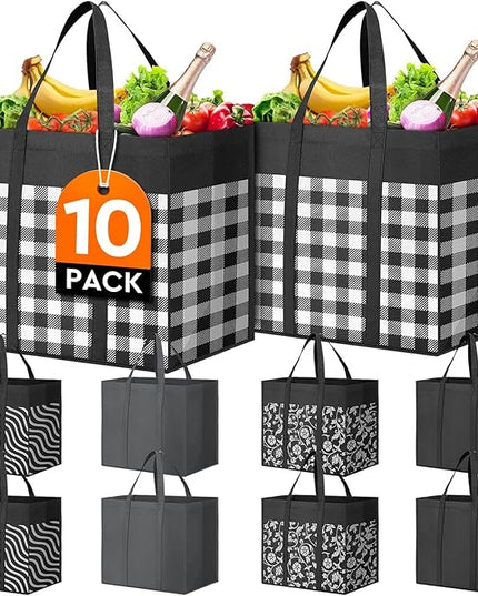 WISELIFE Reusable Grocery Shopping Bags 10 Pack Large Foldable Tote Bags Bulk, Eco Produce Bags with Long Handle for Shopping Groceries Clothes (Plaid D)