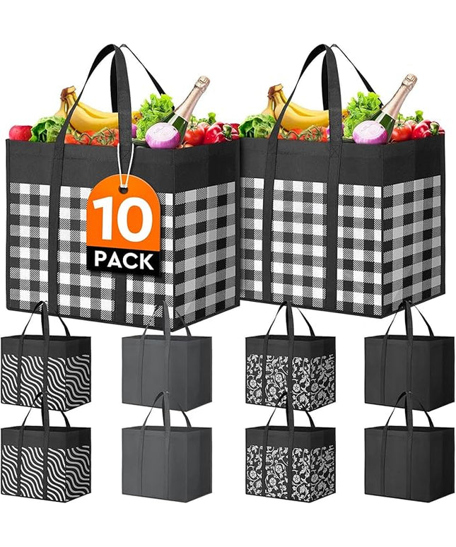 WISELIFE Reusable Grocery Shopping Bags 10 Pack Large Foldable Tote Bags Bulk, Eco Produce Bags with Long Handle for Shopping Groceries Clothes (Plaid D)