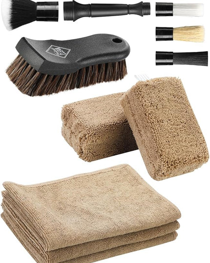 Fantasticlean 9PCS Car Interior Detailing Set, Microfiber Cloth & Applicator, Double-Head Detailing Brushes, Natural Bristles, Scratch-Free, Ultra-Soft for Seats Leather Care or Cleaning