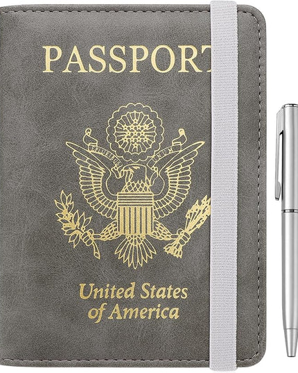 WALNEW Passport Holder for Travel, RFID Passport Cover Wallet for Women Men, PU Leather Passport Book Card Holder Case with Pen, Travelling Essentials for Flying