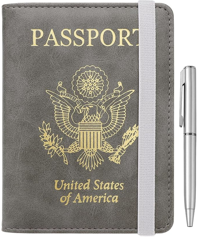 WALNEW Passport Holder for Travel, RFID Passport Cover Wallet for Women Men, PU Leather Passport Book Card Holder Case with Pen, Travelling Essentials for Flying