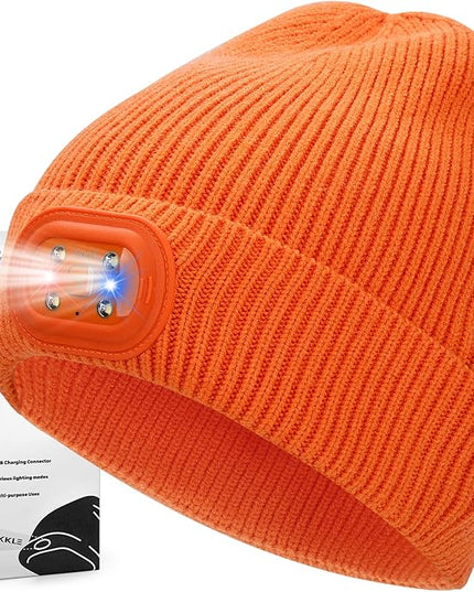 OKKLE Unisex LED Beanie with Light, USB Rechargeable Headlamp Hat, Winter Gifts for Men Women Husband Him Orange