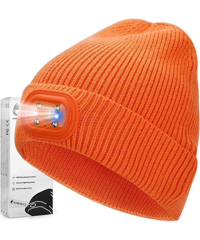 OKKLE Unisex LED Beanie with Light, USB Rechargeable Headlamp Hat, Winter Gifts for Men Women Husband Him Orange