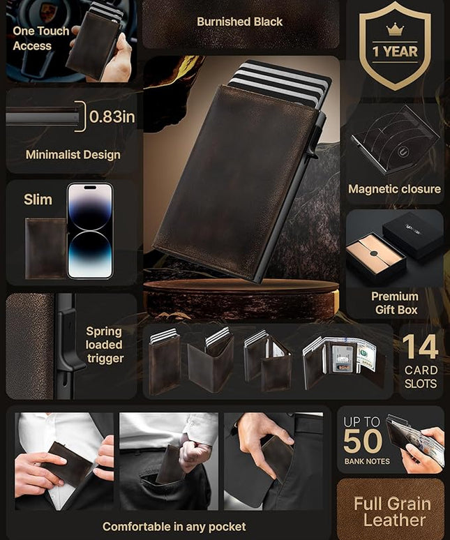 typecase Mens Wallet Card Holder: Pop Up Aluminum Case, Full Grain Leather, RFID Blocking, Smart, Slim, Minimalist, Front Pocket - 9-14 Card Capacity | ID Window | Cash Slot (Burnished Black)