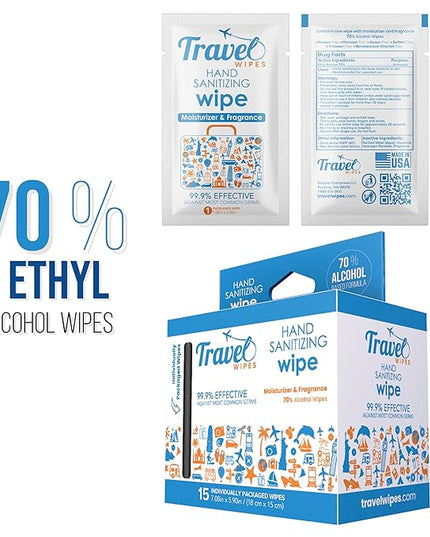 Hand Sanitizing Travel Wipes – 15ct Individually Wrapped | Fresh Citrus Scent, Moisturizing, 70% Alcohol Wipes | Travel, Home, Office, Daily Use | Made in USA