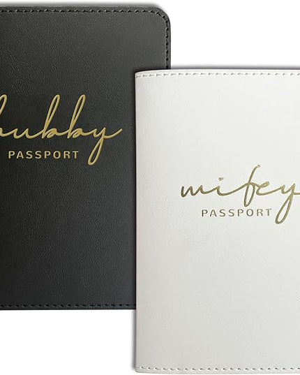 Mr&Mrs Gifts Matching Passport Holders for Bride and Groom, Hubby&Wifey Gold Foil Logo, Dual PU Leather with Card Pockets, Honeymoon Travel Essentials Gift for Newlyweds(HW Black White)