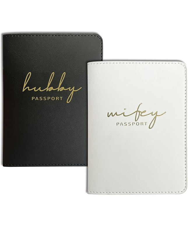 Mr&Mrs Gifts Matching Passport Holders for Bride and Groom, Hubby&Wifey Gold Foil Logo, Dual PU Leather with Card Pockets, Honeymoon Travel Essentials Gift for Newlyweds(HW Black White)