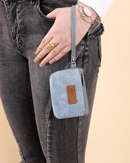 Montana West Wrangler Coin Purse for Women RFID-blocking Floral Embossed Change Pouch Wristlet Wallet Lightweight Portable Wallets Blue