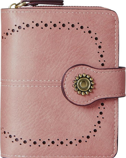 TFKGS Small Womens Wallet Leather RFID Blocking Bifold Compact Card Holder Ladies Zipper Accordion Pocket with ID Window Pink