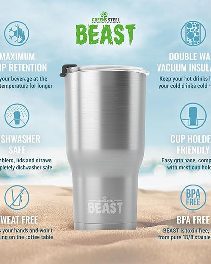Beast 30 oz Tumbler Stainless Steel Vacuum Insulated Coffee Ice Cup Double Wall Travel Flask (Stainless Steel)