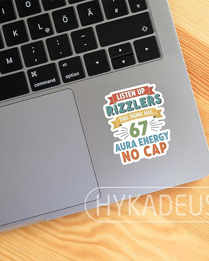 (3Pcs) Listen Up Rizzlers This Sigma Has 67 Aura Energy Six Seven Stickers Funny Gen Alpha Humor Memes Saying Waterproof Vinyl Decals for Laptop, Water Bottle, Phone Case, Scrapbook, 3" x 2.5"
