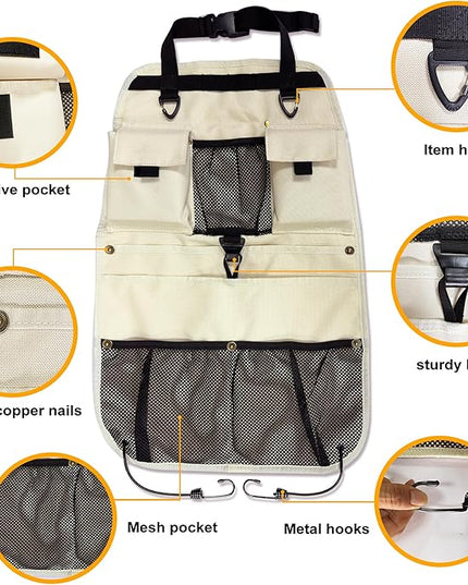 Car Seat Back Organizer with Multiple Storage Pockets, Black Mesh and Fabric, Universal Fit (beige)