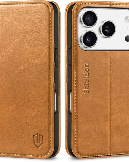 SHIELDON Case Wallet for iPhone 17 Pro 6.3-inch | Genuine Leather | Book Desgin | RFID Blocking Credit Card Slots | Magnetic Closure | Shock Absorbing Phone Cover | 2025 | Retro Light Brown